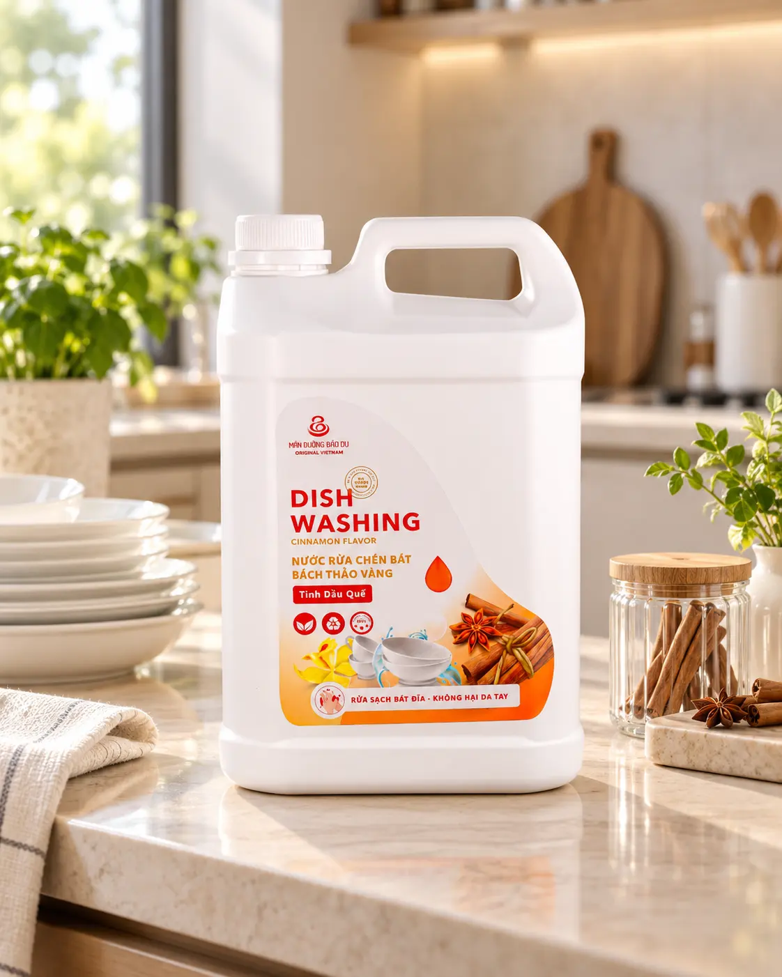 Nước rửa chén bát hương quế trong không gian sử dụng