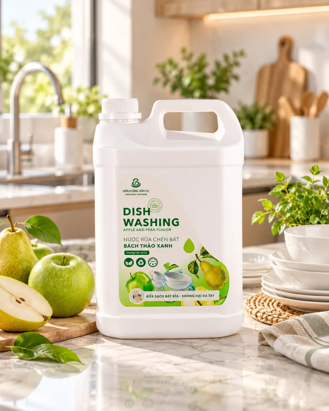 Nước rửa chén hương táo lê trong không gian sử dụng